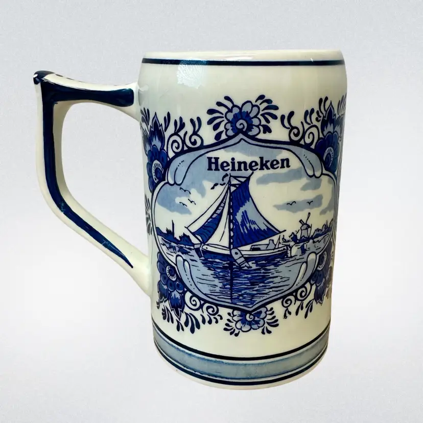 1970s Heineken Delft Blue Holland Porcelain Hand Painted Beer Stein Mug Windmill
