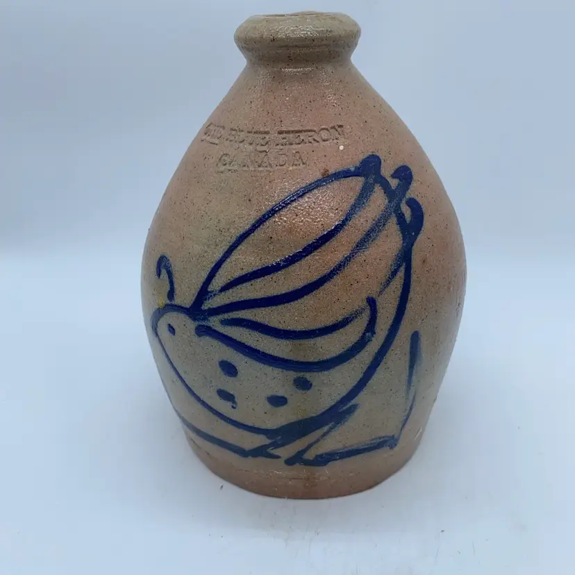#2122 Pink Blue Heron Canada stoneware jug with blue slip butterfly decoration Signed