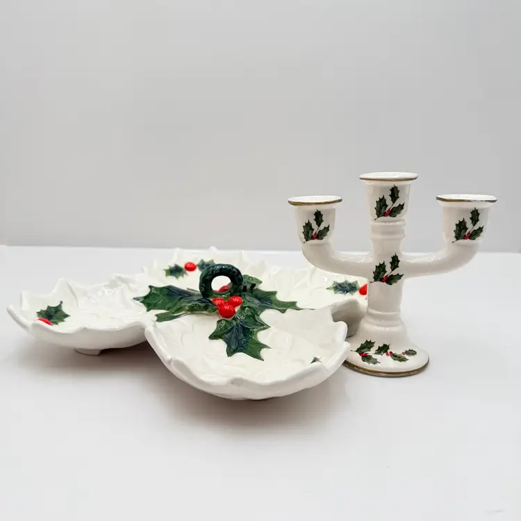 Lefton White Holly Ceramic Serving Dish And Candleholder Set