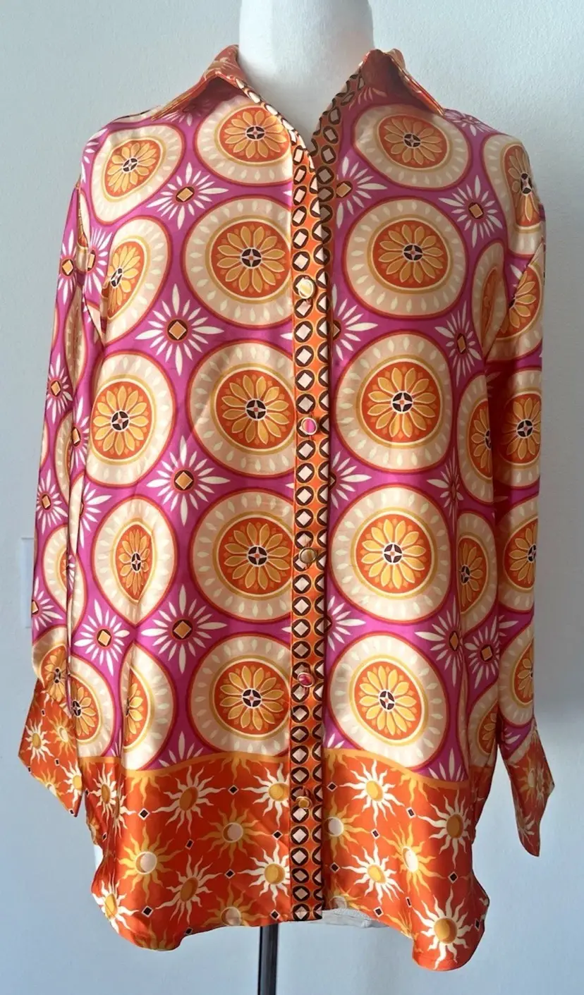 House Of Harlow 1960 Retro Orange & Pink Button Down Blouse Size Medium Celestial NEW