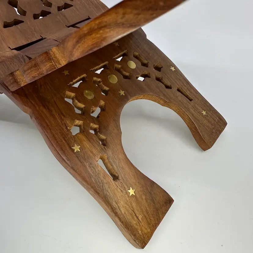 Vintage Wood Folding Hand Carved Book Holder With Gold Inlay