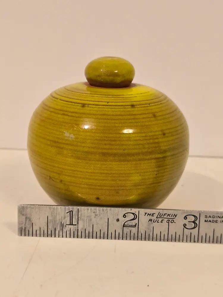 Handmade Chartreuse Art Pottery Jar with Stopper Signed