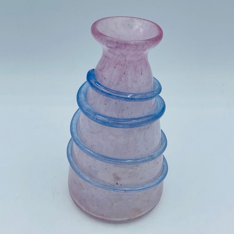Murano Baby Pink Speckled Frosted Base Light Blue Spiral Applied Glass Strip Vase