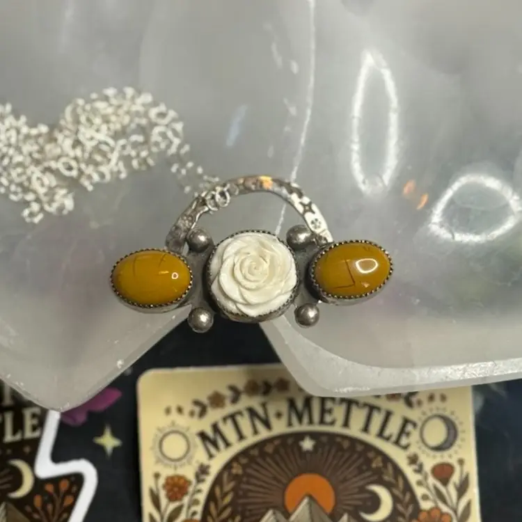 Carved Bone Rose And Mookaite Necklace