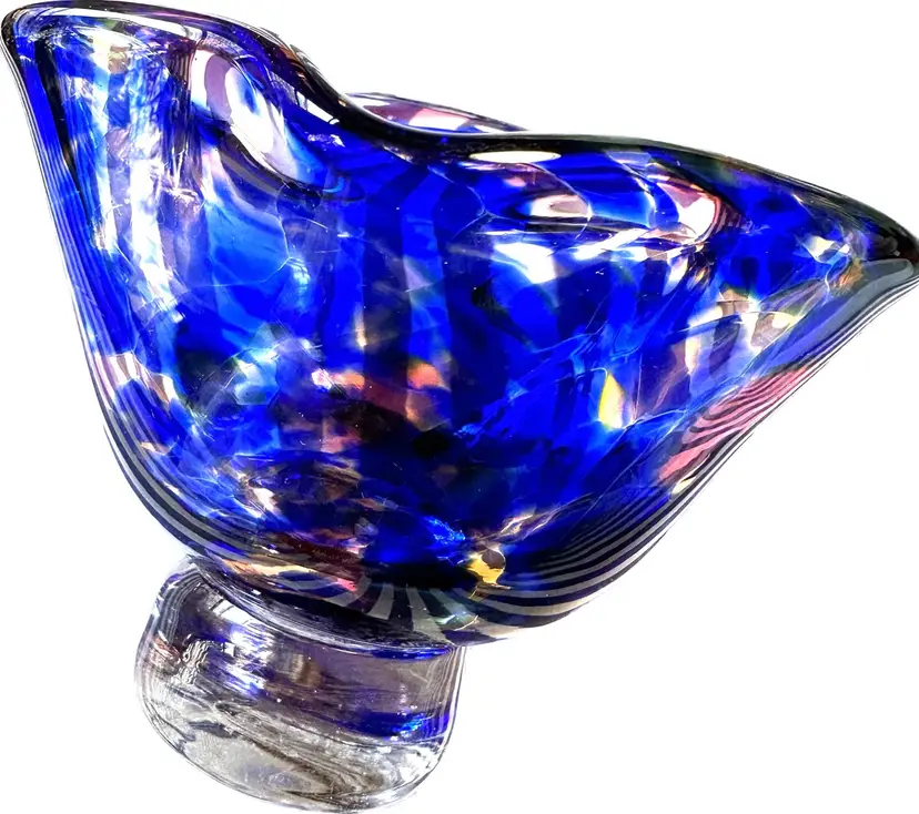 Scanda Art Glass Dish Viking Logo Signed Blue & Pink 3.5”