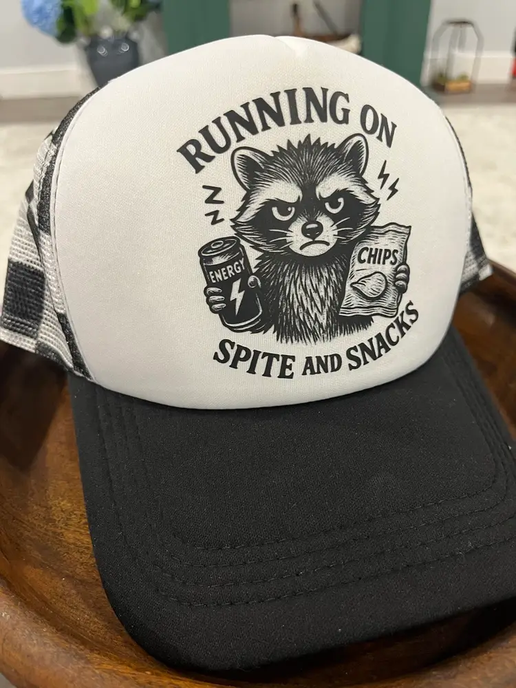 Running on Spite And Snacks Raccoon Trucker Hat