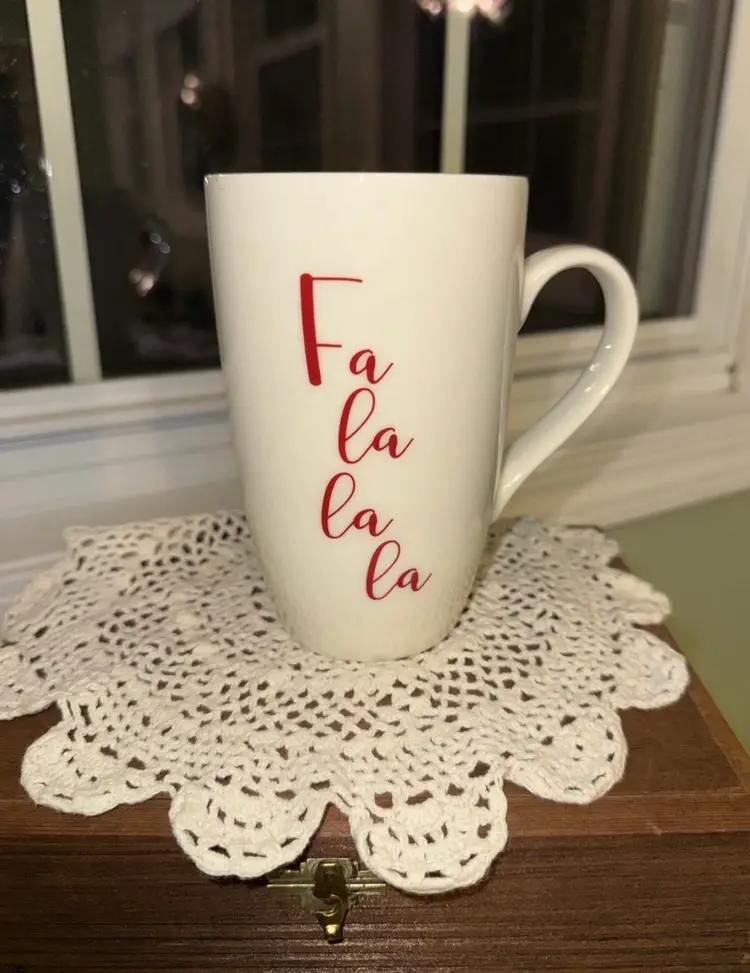 Festive 16 oz Fa La La La Christmas Coffee Mug Large Holiday Cheer White w/ Red