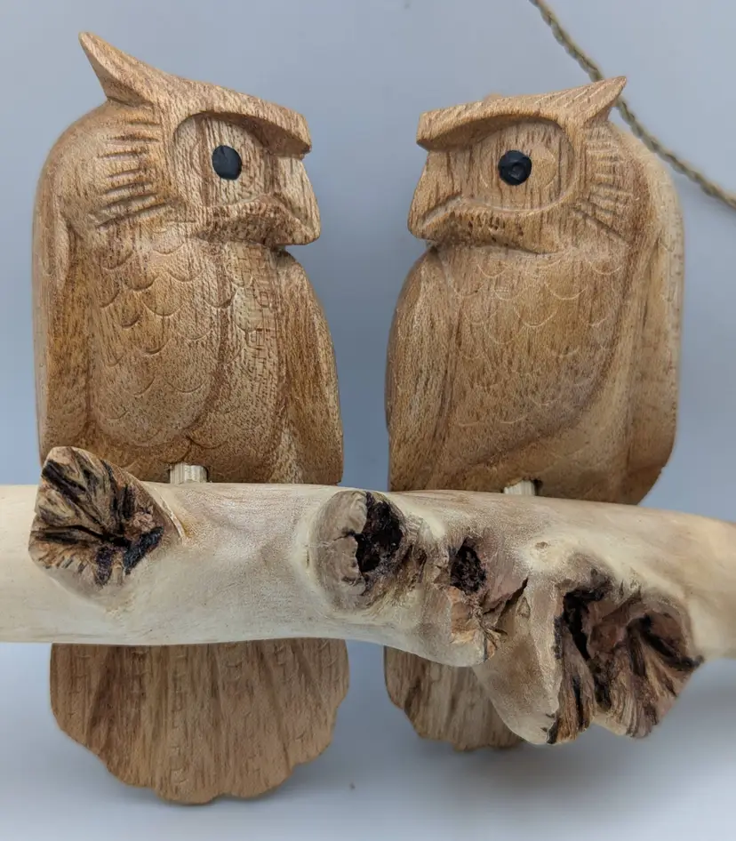 Hanging Hand-carved wooden owls perched on parasite wood branch