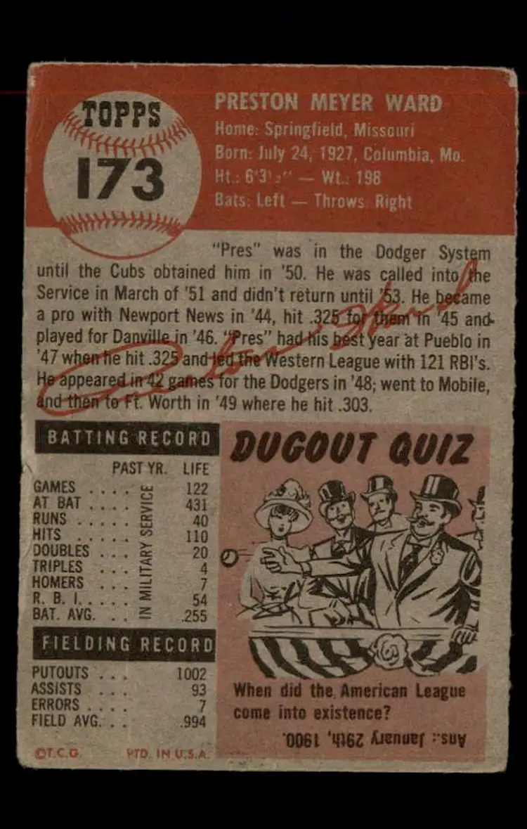 1953 Topps #173 Preston Ward - (pk-tl1) - Chicago Cubs