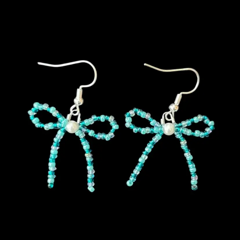 Handmade By Me - Seed Bead Bow Earrings, Dark Blue Winter Mix Seed Bead Earrings With Faux Pearl Center, Handmade Earrings, Made By NN Artist