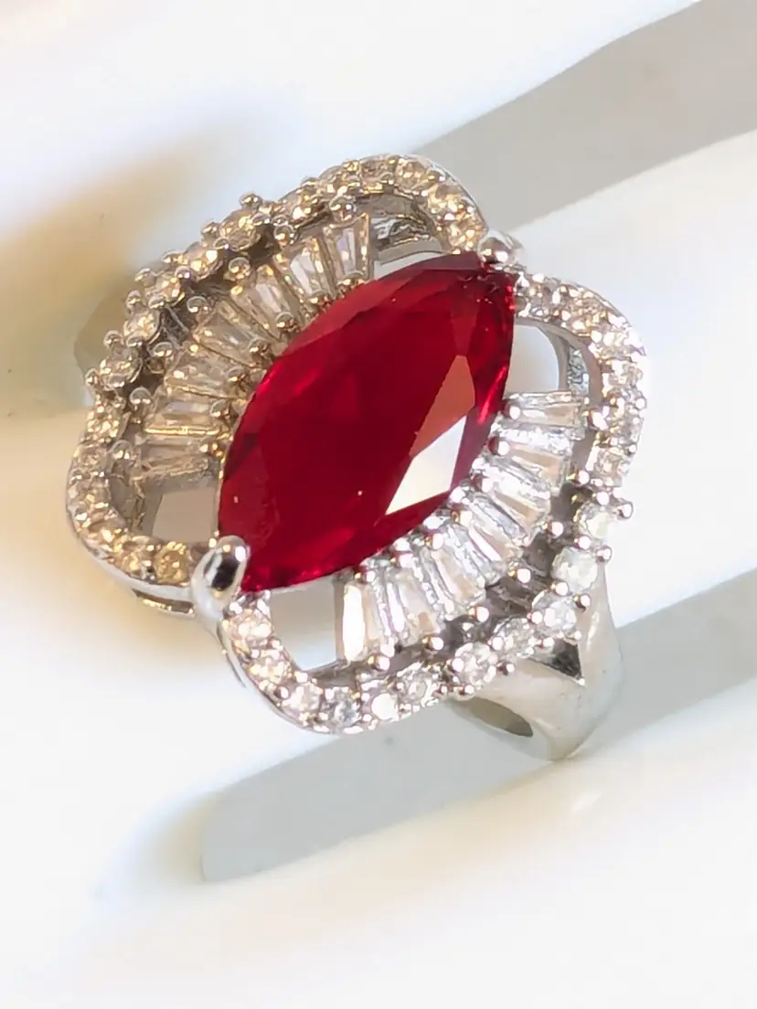 Silver Tone Faux Ruby Marquise Cut CZ Statement Ring