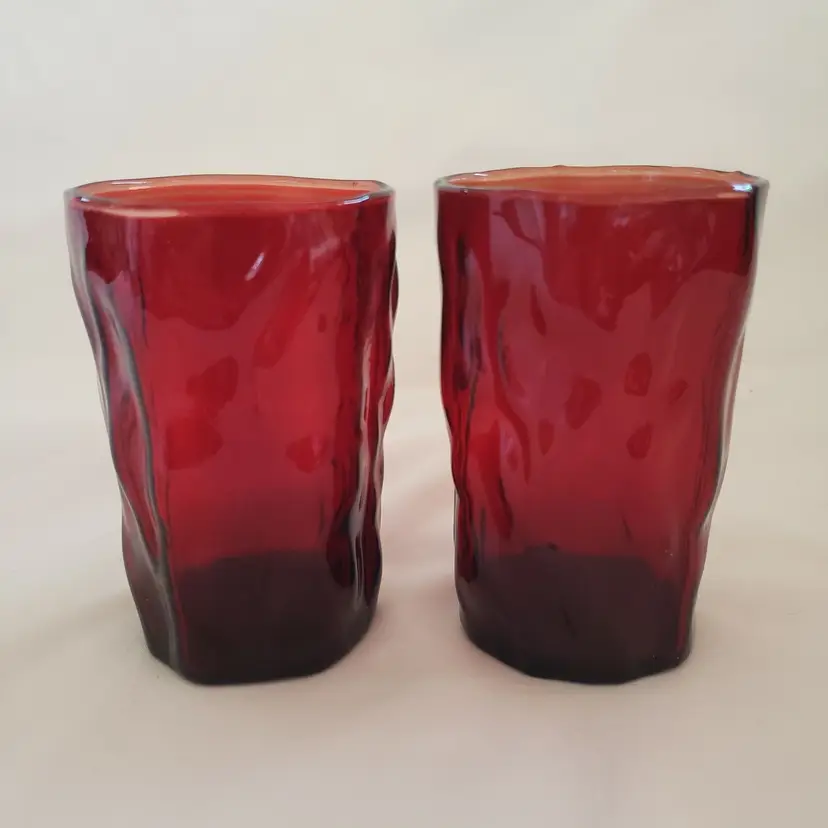 Ruby Red Juice Glasses Textured Tree Bark Design 6 Oz. Lot Of 2 Vintage Unbranded
