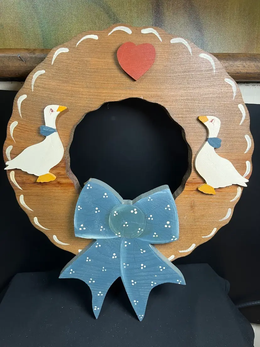 Hand Crafted Wooden Wreath w/ Ducks, Red Heart & Blue Bow-Lot 51