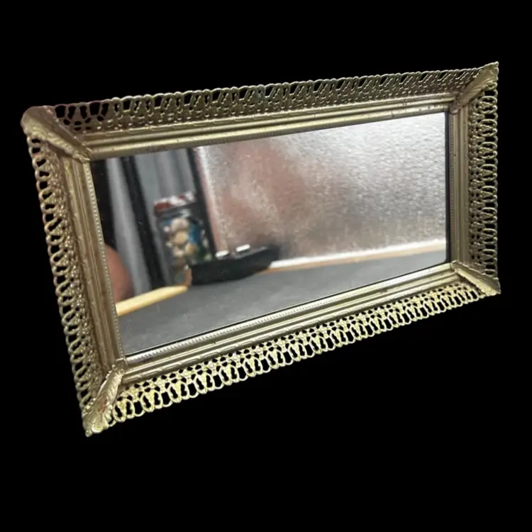 #340B Vintage Small Gold-Tone Ornate Metal Filigree Mirrored Vanity Tray With Ball Feet. 9” X 6”