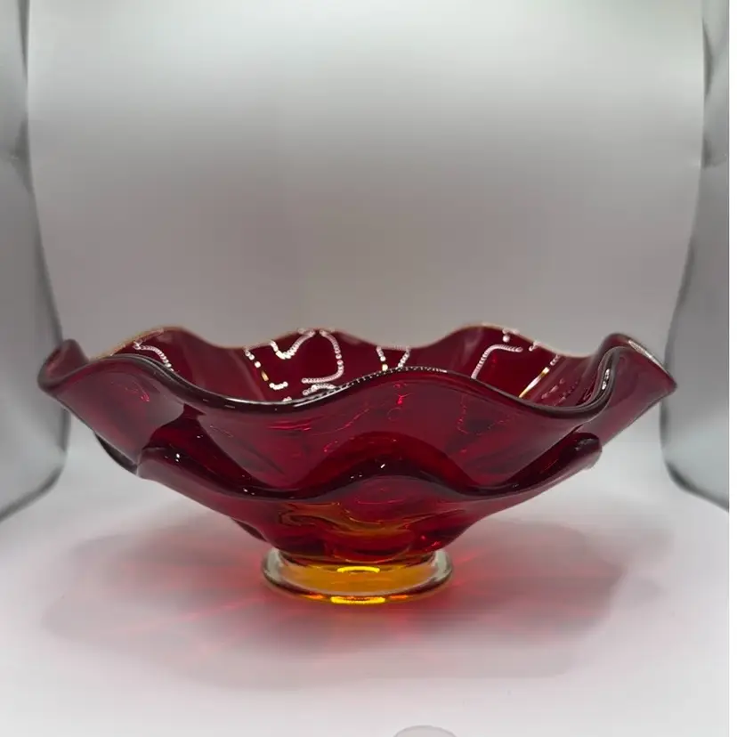 Viking Ruby Amberina Art Glass Double Layer Ruffled Bowl 8” diameter