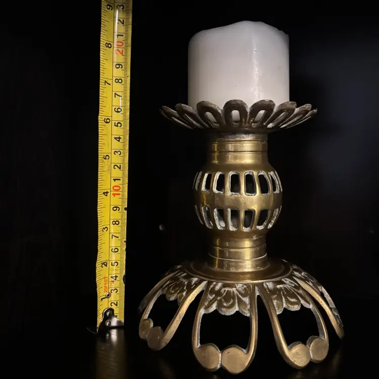 Vintage Solid Brass Floral Pillar Candle Holder