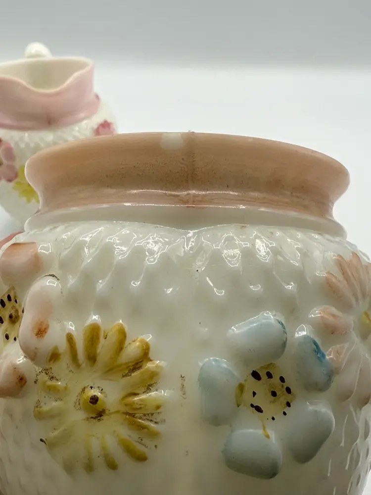 Antique 1800’s Consolidated Glass Cosmos Creamer and Sugar Bowl - Milk Glass.