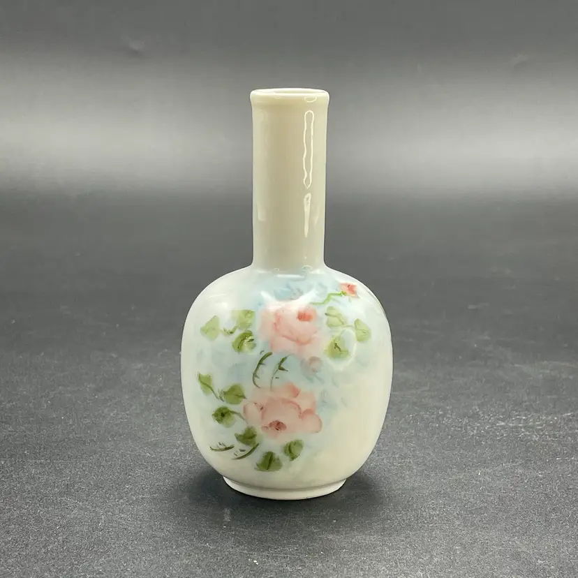 Miniature Porcelain Bud Vase Hand Painted Pink Roses Signed Vintage Home Decor