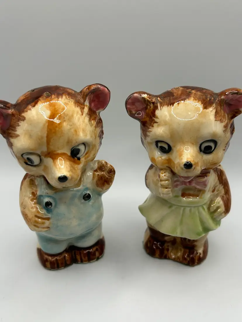 Vintage Bear In Overalls And Dress Salt & Pepper Shakers
