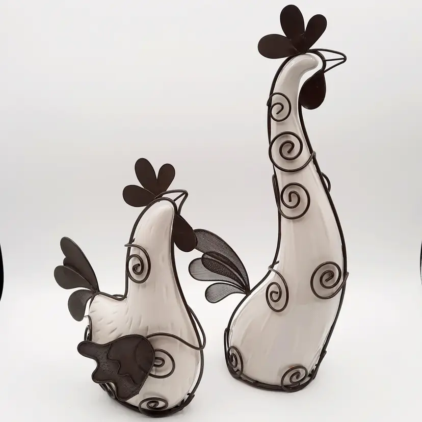 Rooster Chicken Farmhouse Decor Figurines Ceramic Metal Cream & Brown Set of 2