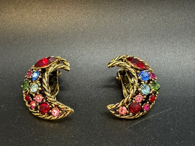Weiss Vintage Multicolor Rhinestone Clip-On Moon Shaped Cluster Earrings