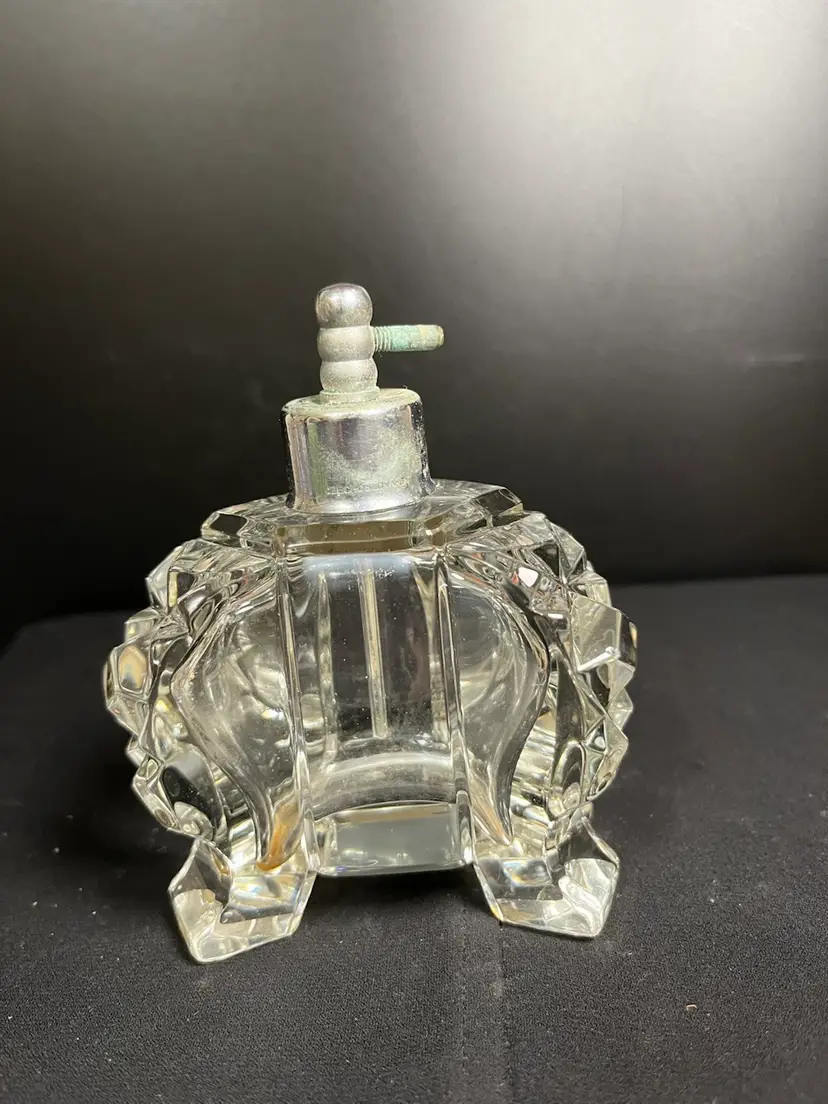 Clear Glass w/ Pattern Perfume Uniquely Shaped Bottle, Missing Atomizer. Czechoslovakia Printed on Metal of Cap