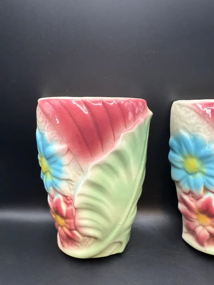 Pair of Vintage Shawnee Pottery Ceramic Wall Pockets with Floral and Leaf Design