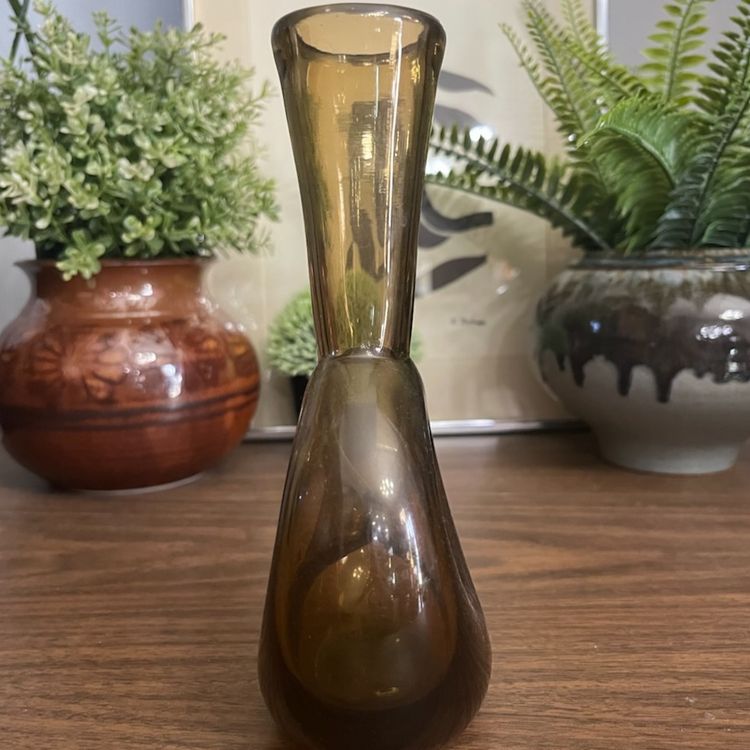 Vintage Mid-Century Modern Amber Root Beer Bischoff Glass Pinched Donut Vase MCM