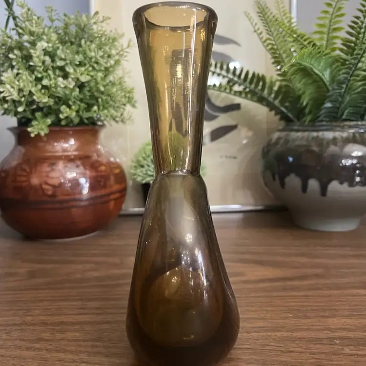 Vintage Mid-Century Modern Amber Root Beer Bischoff Glass Pinched Donut Vase MCM