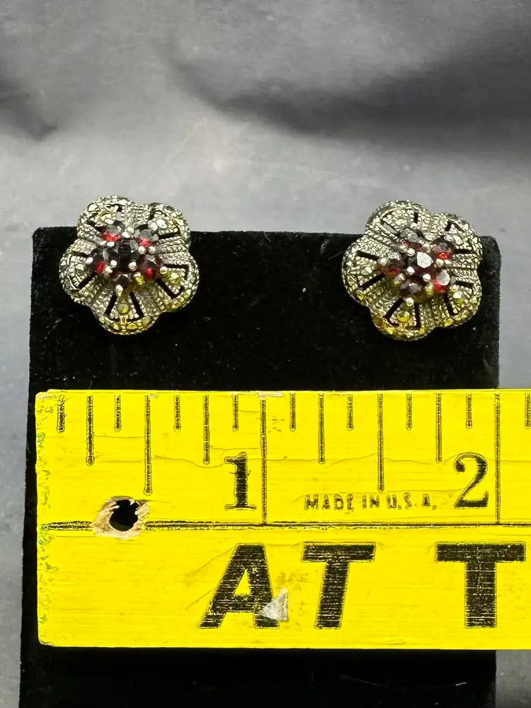 Vintage Sterling Marcasite Garnet Floral Cluster Earrings Beautiful