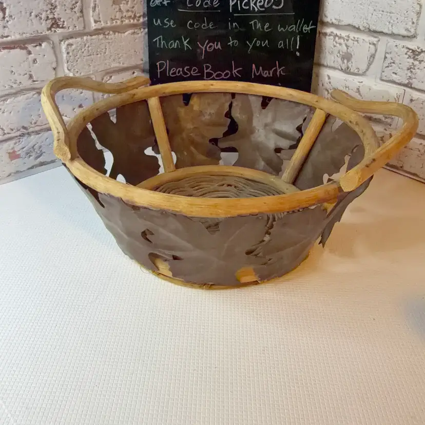 Hand Made Vine Art Basket with Metal Maple Leafs