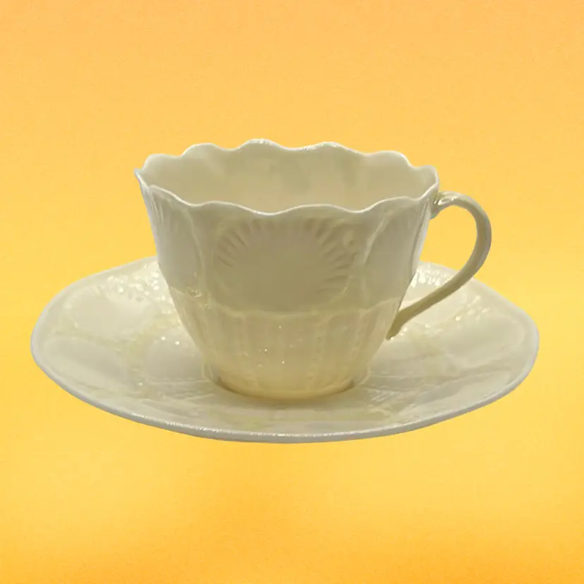 Vintage Belleek Flat Shell Yellow Teacup and Saucer 5th Green Mark