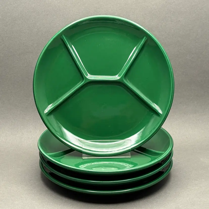 Vintage Italian Emerald Green Ceramic Divided Fondue Grill Plates Set of Four
