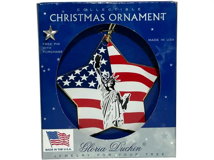 Gloria Duchin Christmas Ornament Statue of Liberty Star Red White Blue W/ Pin