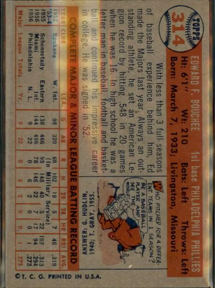 1957 Topps #314 Ed Bouchee - ( pk1 ) - Philadelphia Phillies