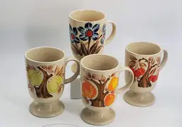Stoneware Hand Painted Irish Coffee Pedestal Mugs 1960's Boho