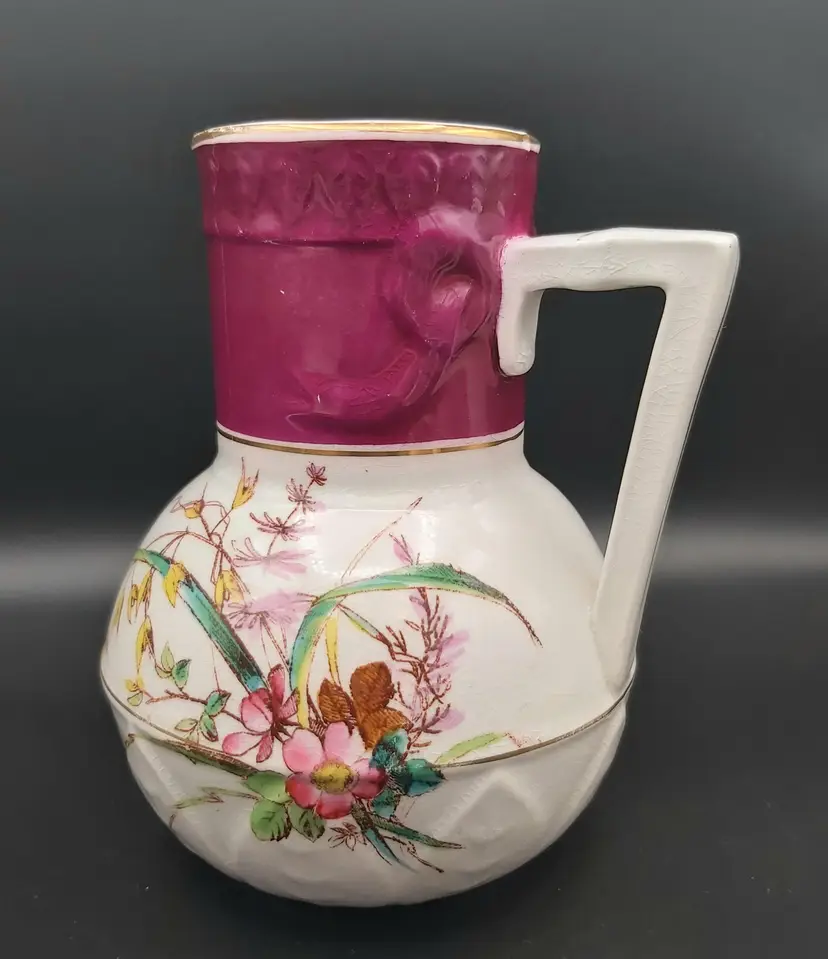 Antique Victorian Burgess & Campbell Lotus Ironstone Hand Painted Pitcher Jug