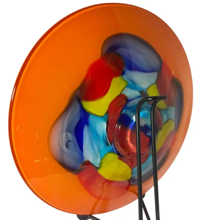 Art Glass Charger Plate Orange Multicolor Abstract Neon 13.5 Inches