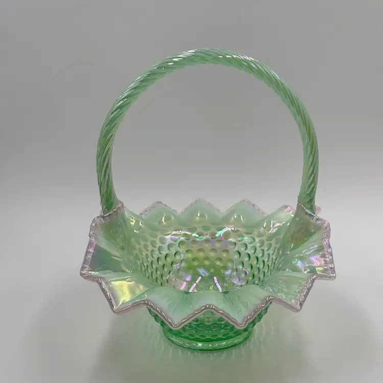 Fenton Hobnail Sea Foam Green Iridescent Opalescent Glass Basket Ruffle Pink Rim