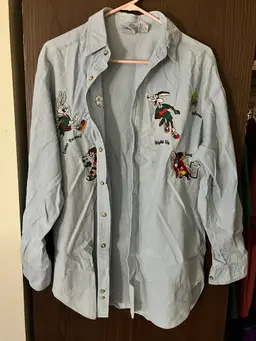 ACME CLOTHING Mens Medium Light Denim Looney Tunes Embroidered Button Shirt