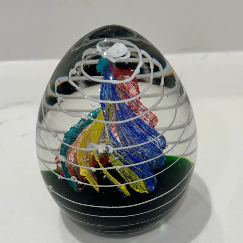 # 35: Art Glass Clear Glass Paperweight With Interior Multicolored Swirls And Controlled Bubbles - Unsigned - 4”