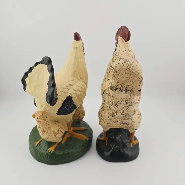 Vintage Chalkware Chicken with Chicks And Rooster Set of Figurine Pair