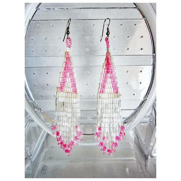 Bohemian pearly white and pink beaded fringe earrings.