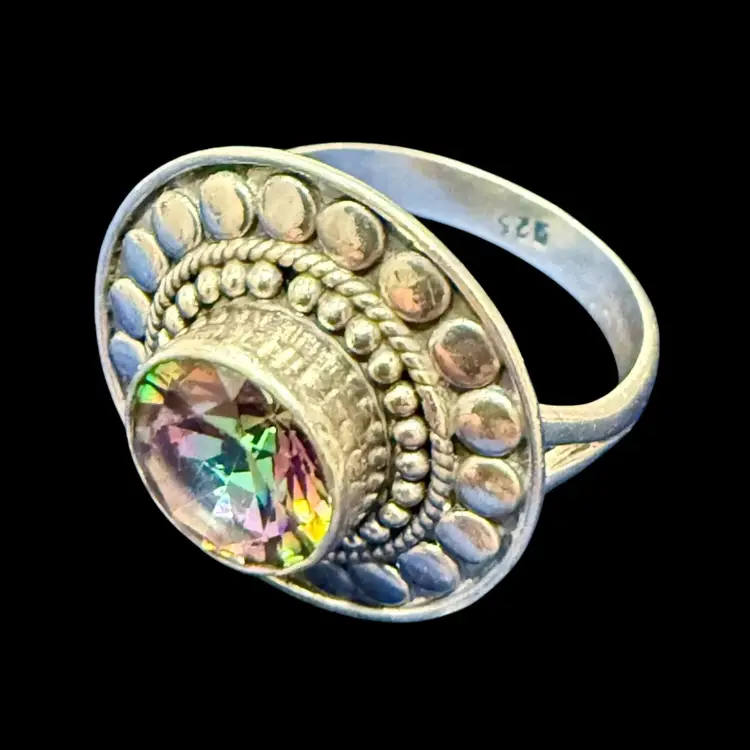 Sterling Silver Mystic Topaz Boho Ethnic Ring Size 7.5, 5.7g