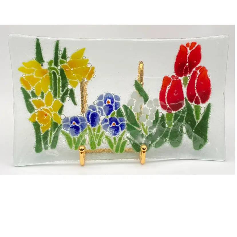 Ray Folio Fused Art Glass Bold Spring Floral Serving Tray/Platter, 9.75", Signed