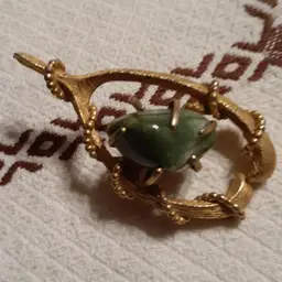 Vintage BSK Gold Tone Green Jadeite Stone Wishbone Brooch Pin 1960s
