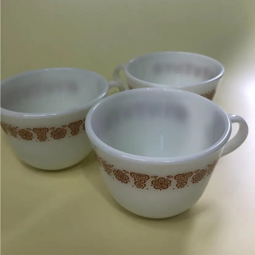 3 Vintage Pyrex Coffee Tea Mugs Gold Butterfly Yellow Flower Cups