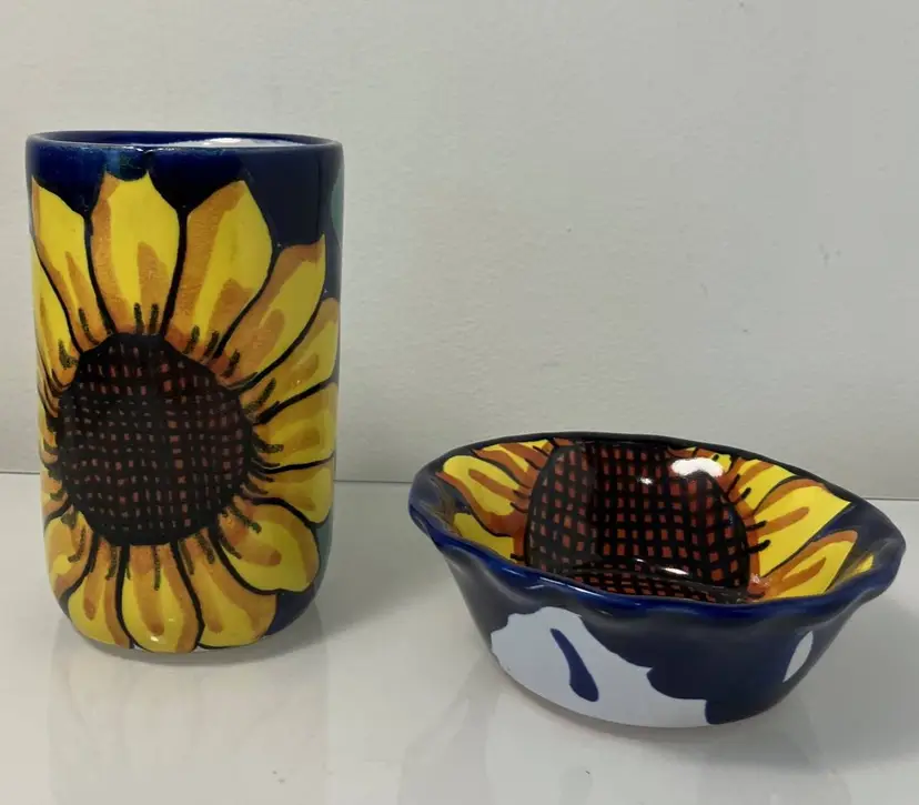 Painted Pottery Cup and Bowl Sunflowers on Blue Background Made in Mexico