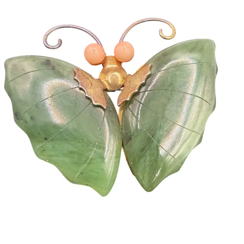 Vintage Nephrite Jade Butterfly Brooch Gold Tone Green Gemstone Summer Insect Bug