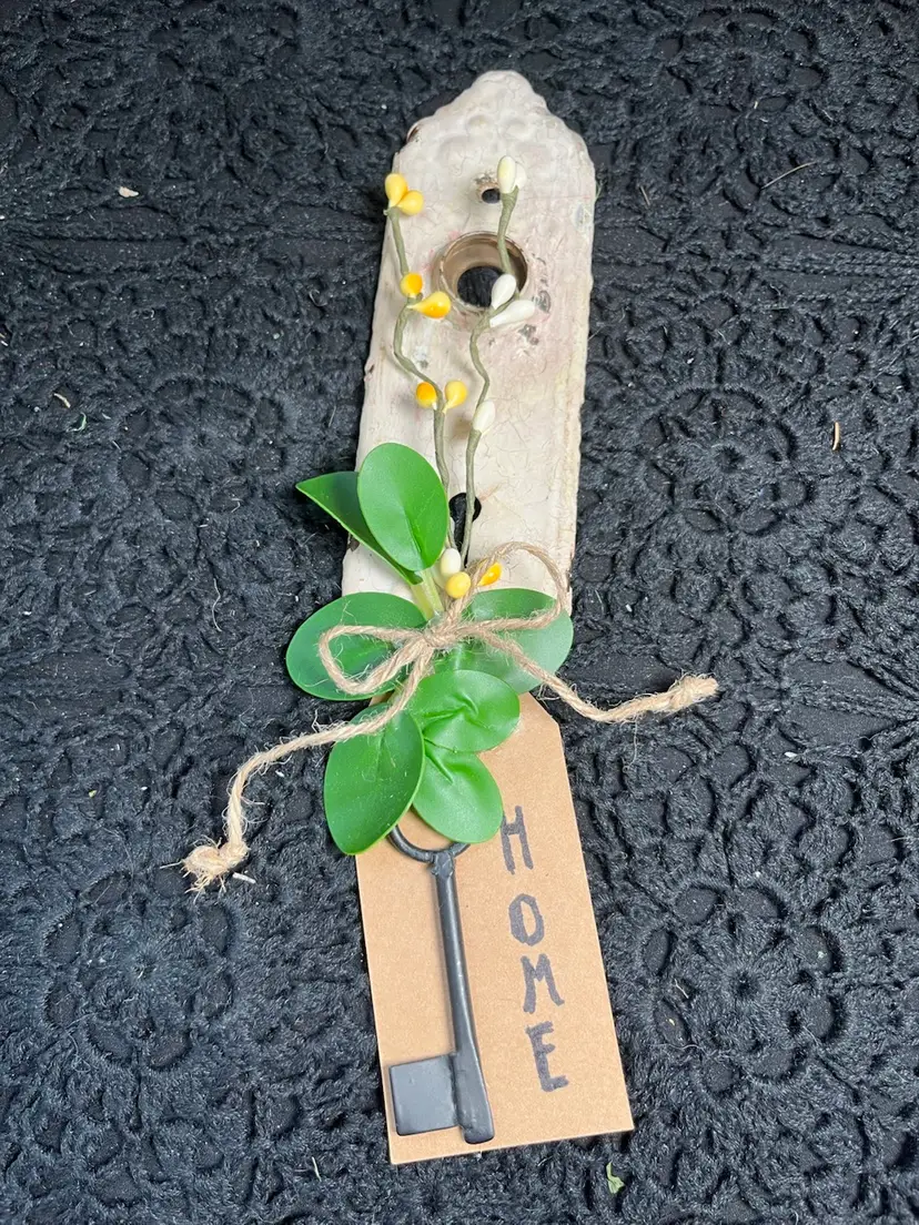 Antique Metal Door Plate Upcycled with Florals & a Key! "Home"